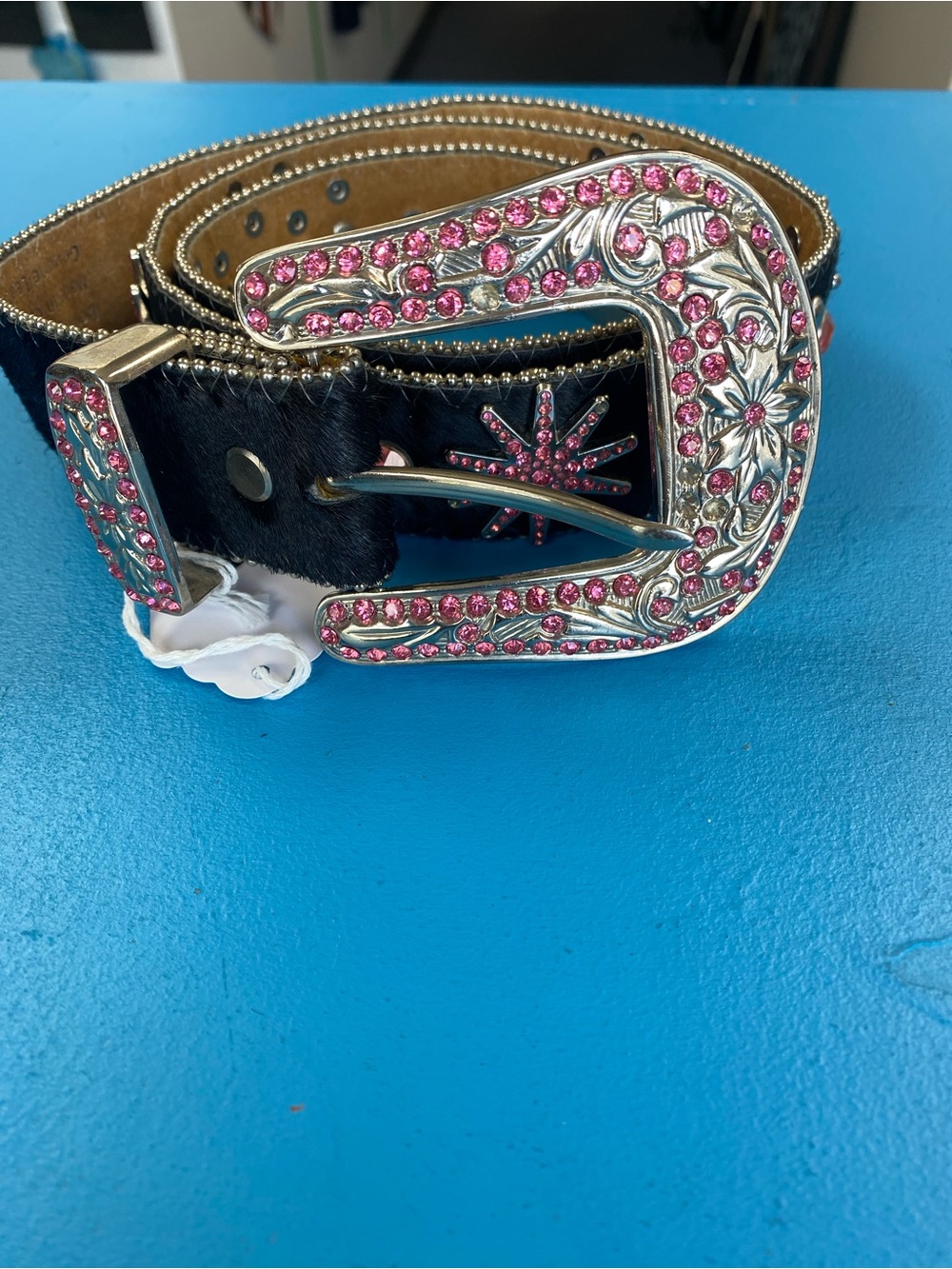 W b Atlas Black Hair-On Leather Belt with Pink Crystal Western Buckle